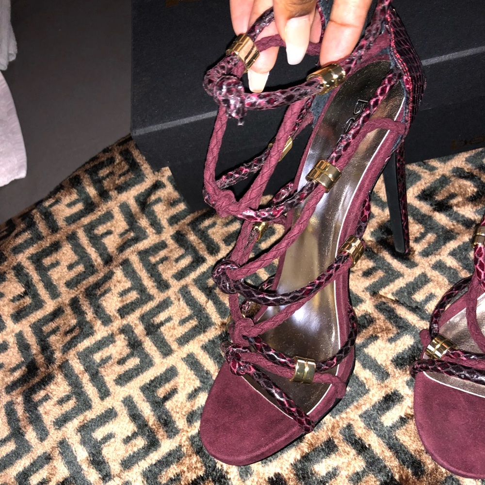 BeBe Burgundy open toe strap heels